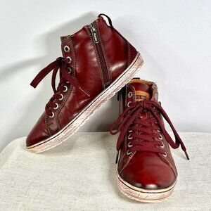 Pikolinos Burgundy Leather High-Top Sneakers Side Zip Glossy Finish Streetwear
